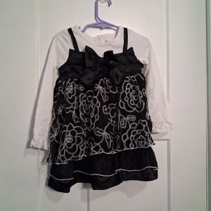 Youngland Toddler Girls 4T Black White Floral Embroidered Dress Long Sleeve Bow